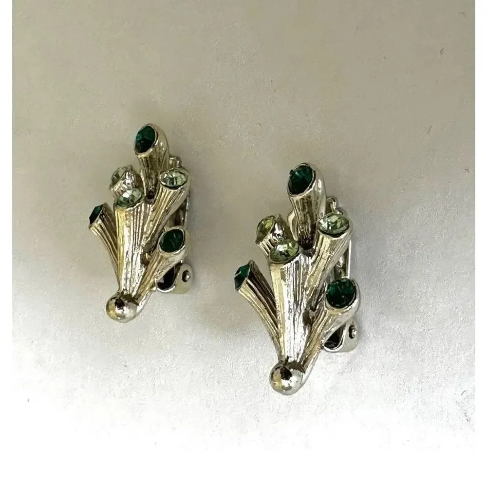 silver green coral branch clip earrings vintage silver